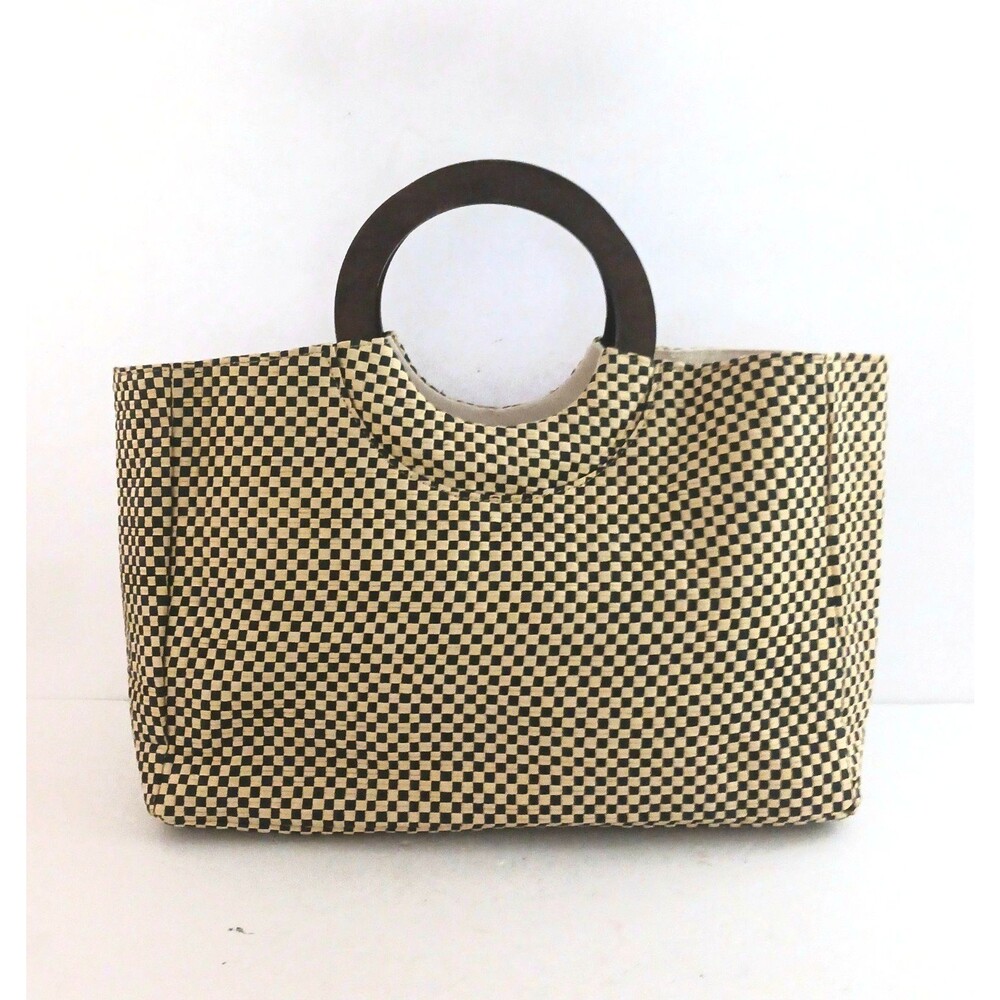 Lulu Dharma Checkerboard Basket  Woven Raffia Tote Round Wood Handles Lined